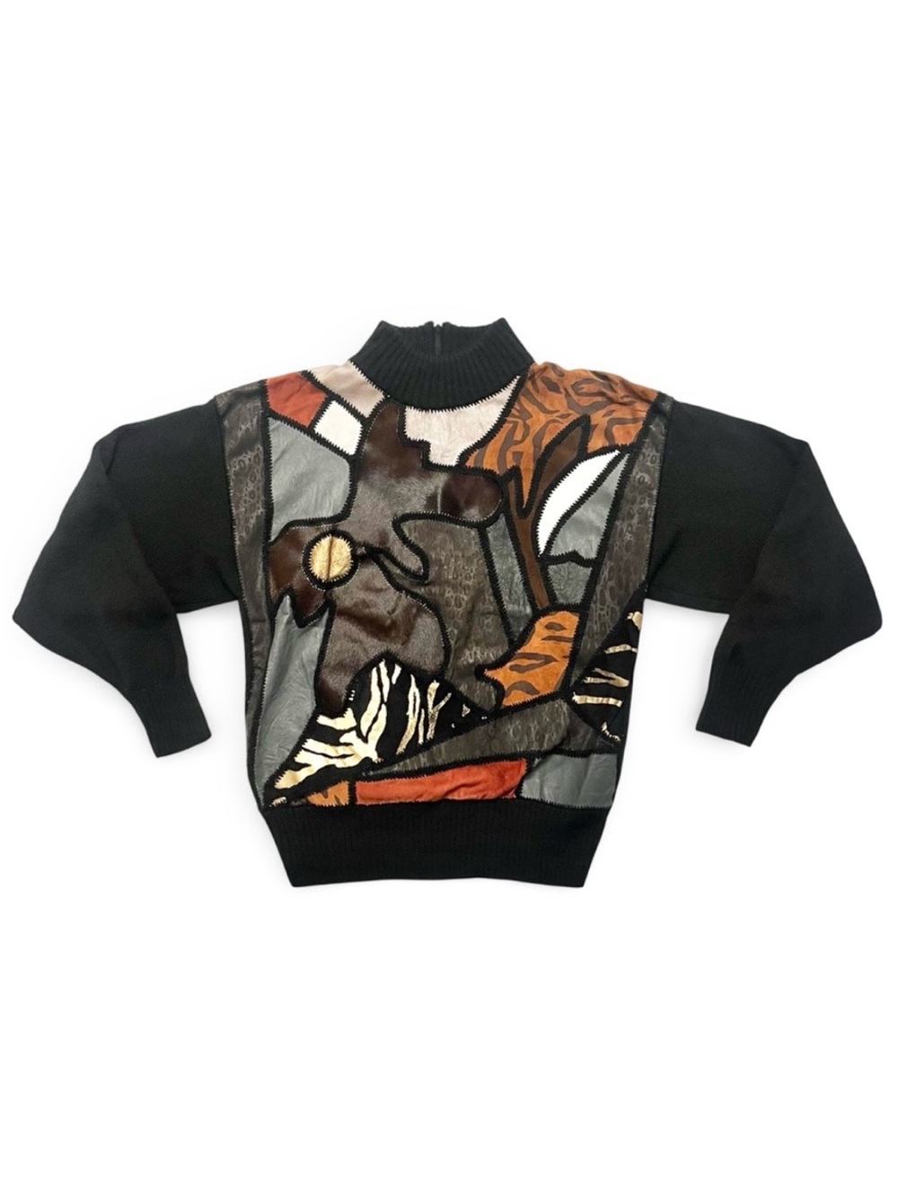 Vintage 80s Didier Ronsard Patchwork Leather Hide Wool Mock Neck Sweater small